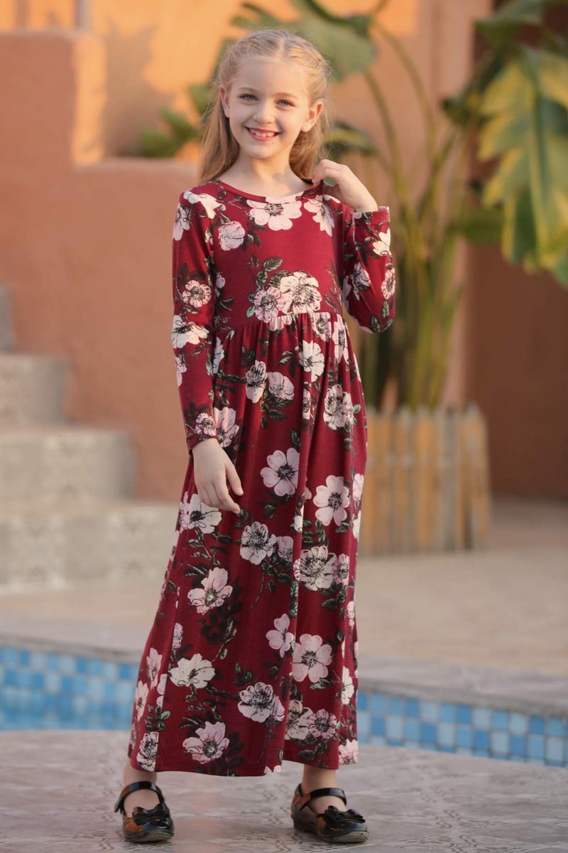 GORLYA فستان ماكسي طويل بأكمام طويلة مزخرف بالورود للفتيات، فضفاض وعصري، مناسب للعطلات مع جيوب، للأعمار من 4-12 سنة (7-8 سنوات/الطول: 130 سم، طباعة حمراء) - Image 4